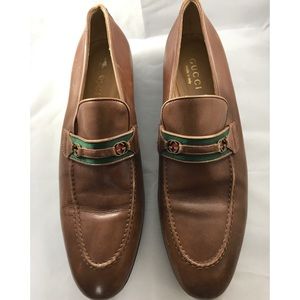 Gucci Cinnamon Leather Loafers Green & Red Canvas
